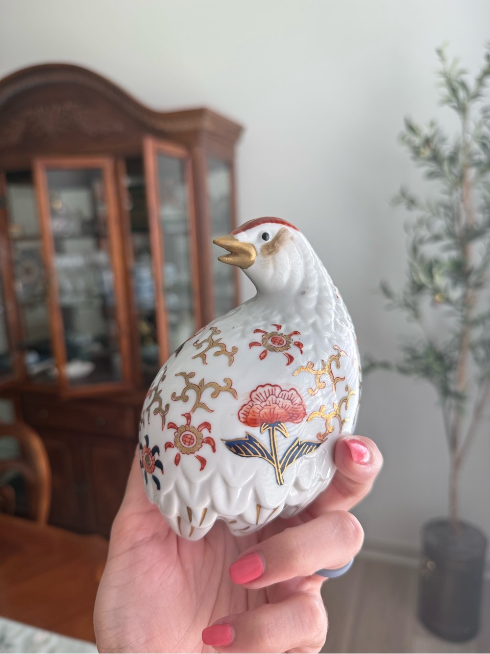 Vintage Porcelain Bird Figurine in White with Gold and Coral Accents